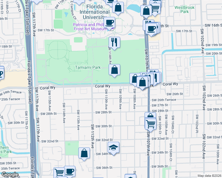 map of restaurants, bars, coffee shops, grocery stores, and more near 2436 Southwest 109th Court in Miami