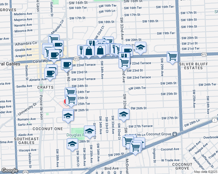 map of restaurants, bars, coffee shops, grocery stores, and more near 3334 Southwest 24th Street in Miami