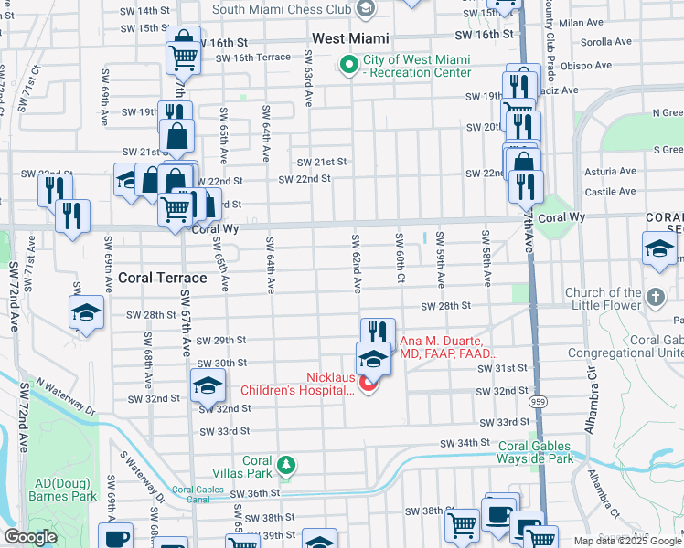 map of restaurants, bars, coffee shops, grocery stores, and more near 6256 Southwest 26th Street in Miami
