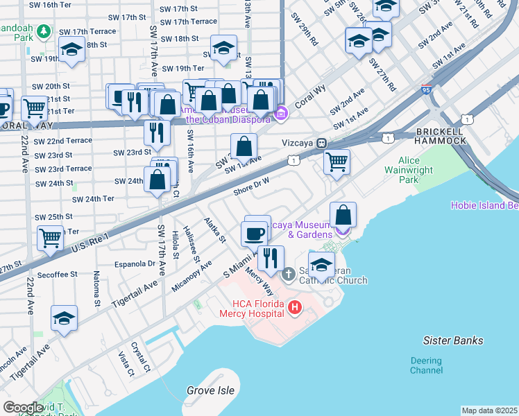 map of restaurants, bars, coffee shops, grocery stores, and more near 37 Bay Heights Drive in Miami