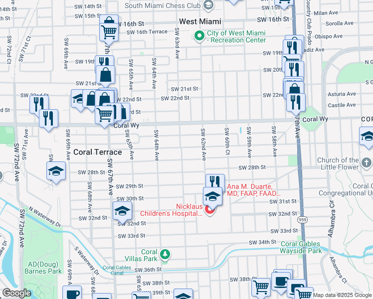 map of restaurants, bars, coffee shops, grocery stores, and more near 6256 Southwest 26th Street in Miami