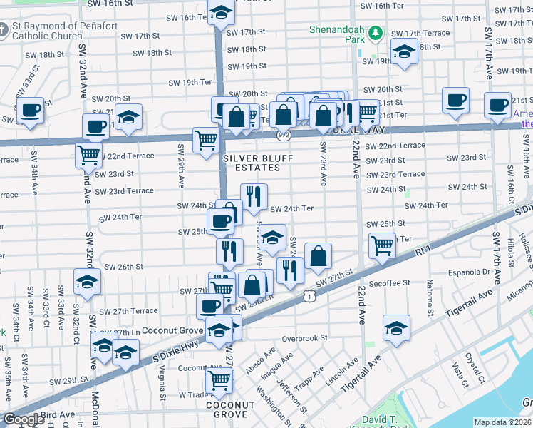 map of restaurants, bars, coffee shops, grocery stores, and more near 2446 Southwest 24th Terrace in Miami