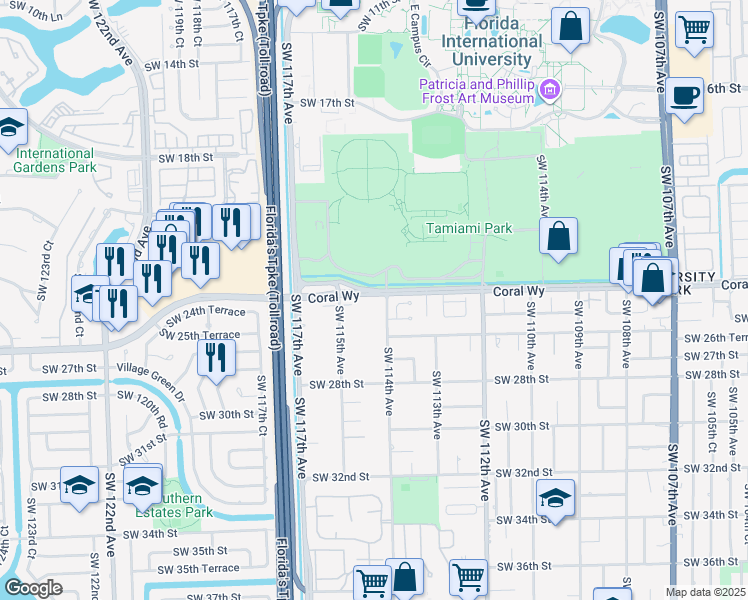 map of restaurants, bars, coffee shops, grocery stores, and more near 11420 Southwest 24th Street in Miami