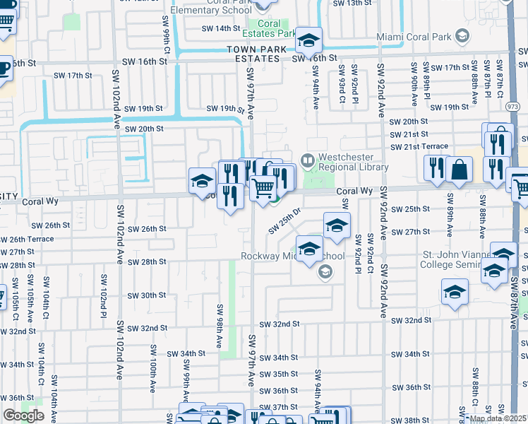 map of restaurants, bars, coffee shops, grocery stores, and more near 9688 Southwest 24th Street in Miami
