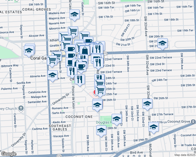 map of restaurants, bars, coffee shops, grocery stores, and more near 2850 Southwest 37th Avenue in Miami