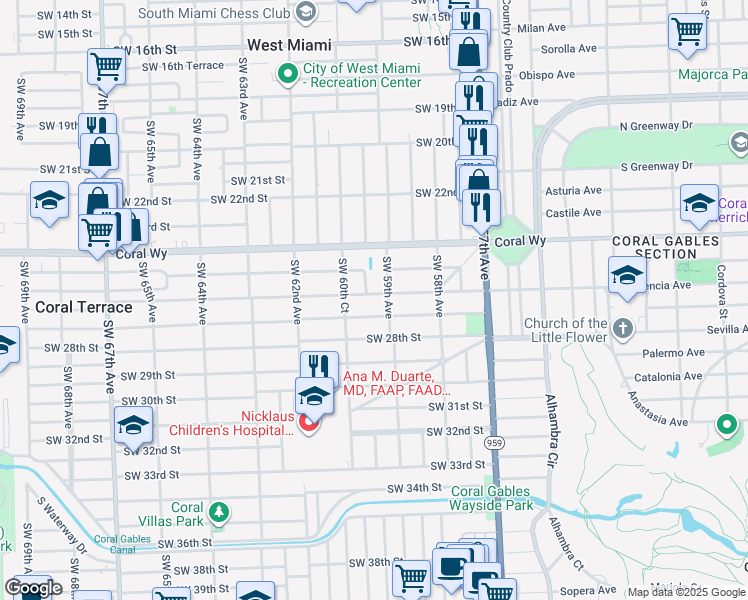 map of restaurants, bars, coffee shops, grocery stores, and more near 5912 SW 26th St in Miami