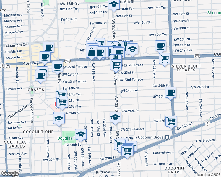 map of restaurants, bars, coffee shops, grocery stores, and more near 3234 Southwest 24th Street in Miami