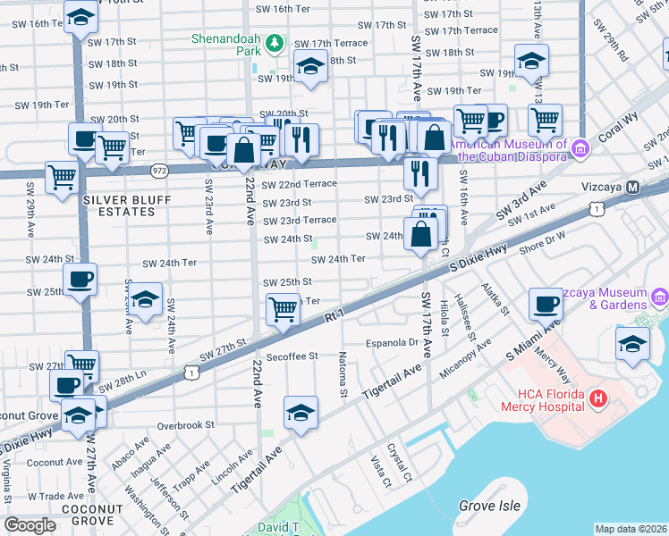 map of restaurants, bars, coffee shops, grocery stores, and more near 2440 Southwest 19th Avenue in Miami