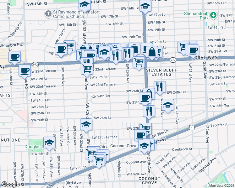 map of restaurants, bars, coffee shops, grocery stores, and more near 3020 Southwest 24th Terrace in Miami
