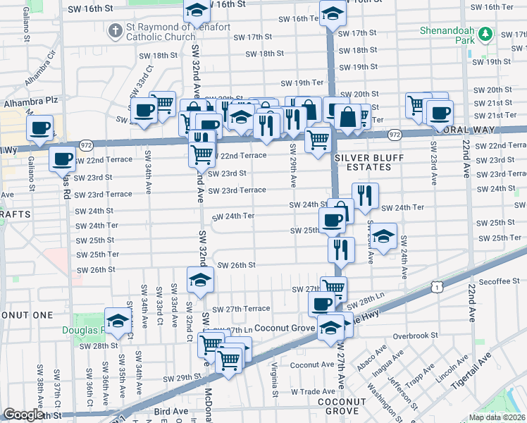 map of restaurants, bars, coffee shops, grocery stores, and more near 3020 Southwest 24th Terrace in Miami