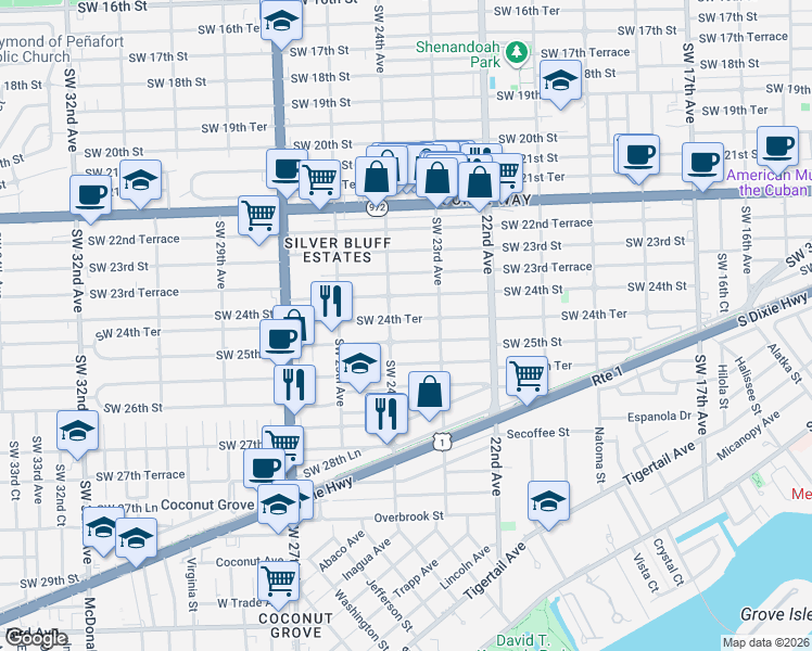 map of restaurants, bars, coffee shops, grocery stores, and more near 2385 Southwest 25th Street in Miami