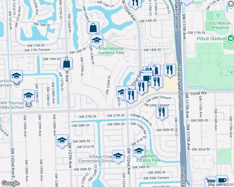 map of restaurants, bars, coffee shops, grocery stores, and more near 2430 Southwest 123rd Avenue in Miami