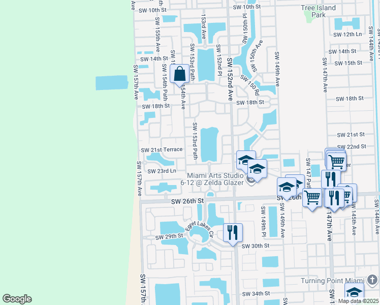 map of restaurants, bars, coffee shops, grocery stores, and more near 15391 Southwest 22nd Terrace in Miami