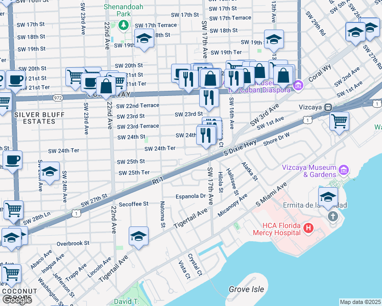 map of restaurants, bars, coffee shops, grocery stores, and more near 1760 Southwest 24th Terrace in Miami