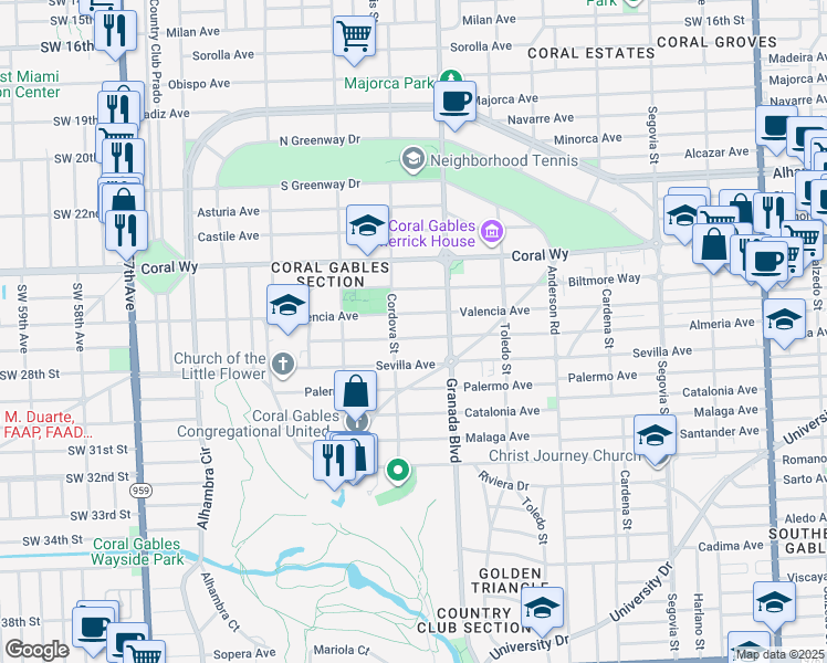 map of restaurants, bars, coffee shops, grocery stores, and more near 1046 Almeria Avenue in Coral Gables