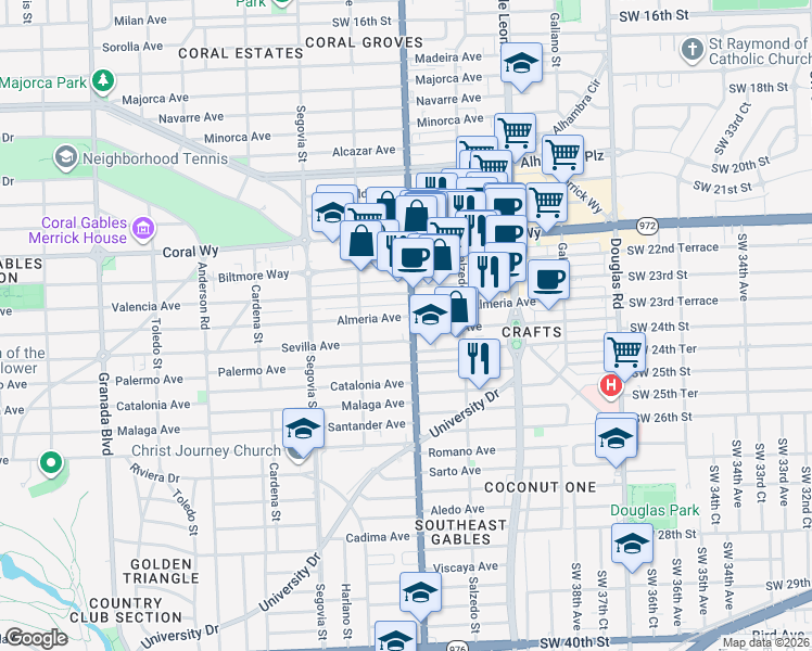 map of restaurants, bars, coffee shops, grocery stores, and more near 421 Sevilla Avenue in Coral Gables