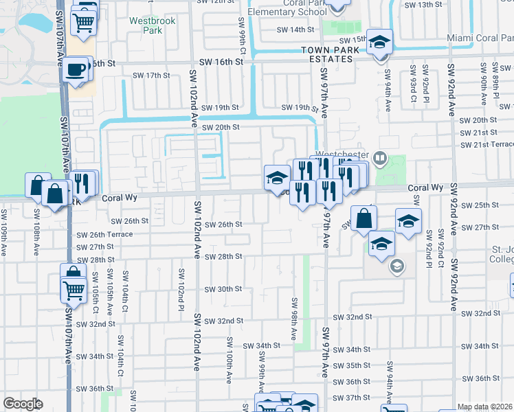 map of restaurants, bars, coffee shops, grocery stores, and more near 2520 Southwest 99th Court in Miami