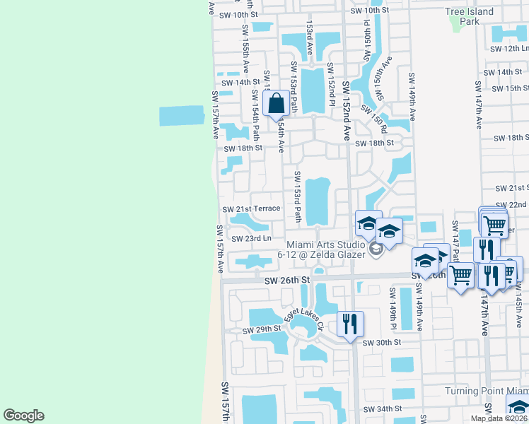 map of restaurants, bars, coffee shops, grocery stores, and more near 15452 Southwest 21st Terrace in Miami