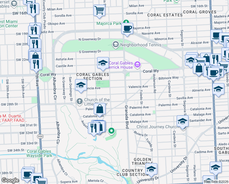 map of restaurants, bars, coffee shops, grocery stores, and more near 1046 Almeria Avenue in Coral Gables