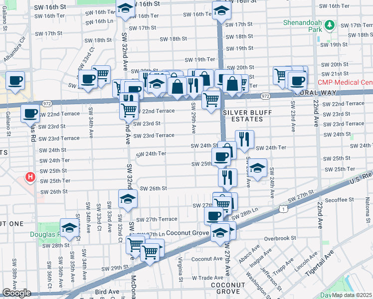 map of restaurants, bars, coffee shops, grocery stores, and more near 2920 Southwest 24th Terrace in Miami