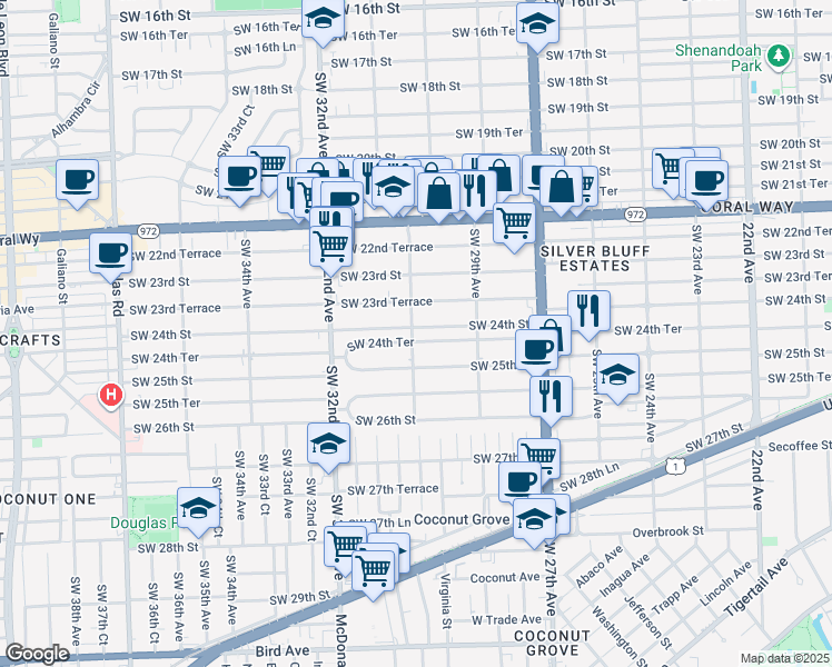 map of restaurants, bars, coffee shops, grocery stores, and more near 3020 Southwest 24th Terrace in Miami