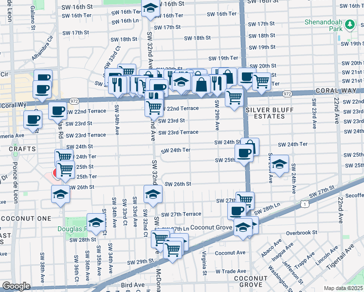 map of restaurants, bars, coffee shops, grocery stores, and more near 3131 Southwest 24th Terrace in Miami