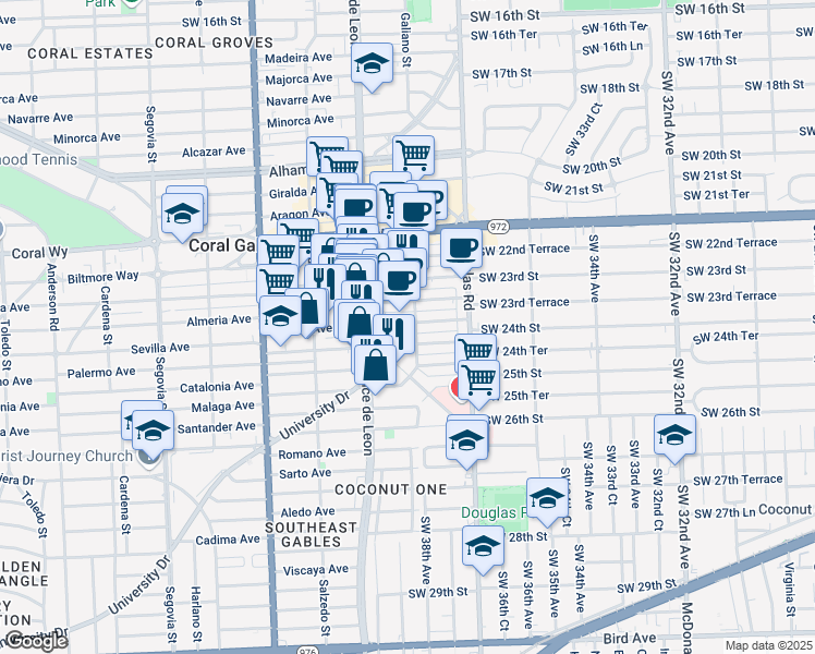 map of restaurants, bars, coffee shops, grocery stores, and more near 122 Sevilla Avenue in Coral Gables