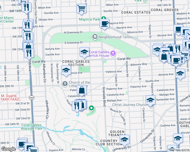 map of restaurants, bars, coffee shops, grocery stores, and more near 1046 Almeria Avenue in Coral Gables