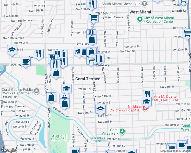 map of restaurants, bars, coffee shops, grocery stores, and more near 6540 Southwest 26th Street in Miami