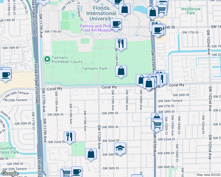 map of restaurants, bars, coffee shops, grocery stores, and more near 11055 Southwest 25th Street in Miami