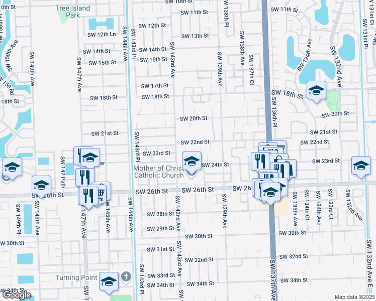 map of restaurants, bars, coffee shops, grocery stores, and more near 2293 Southwest 142nd Avenue in Miami