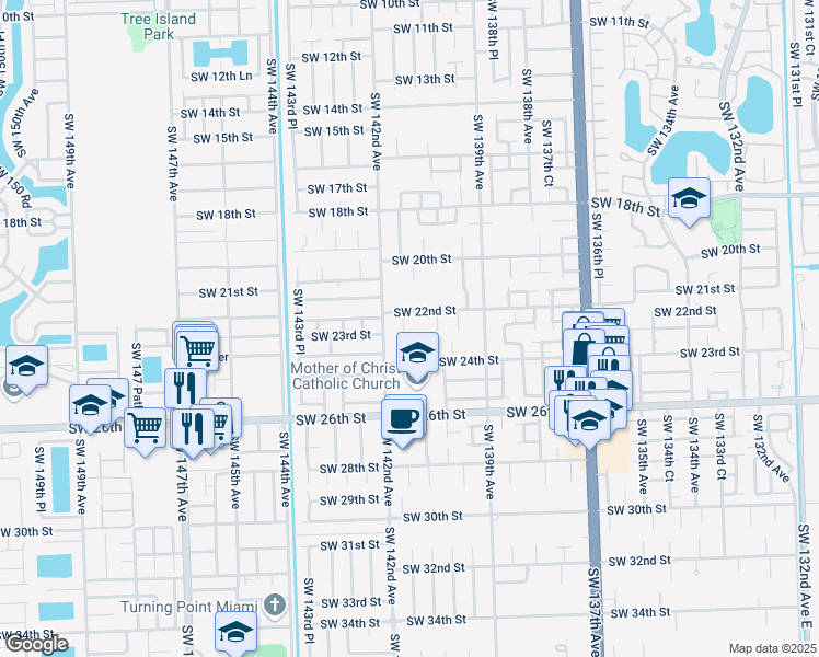map of restaurants, bars, coffee shops, grocery stores, and more near 2293 Southwest 142nd Avenue in Miami