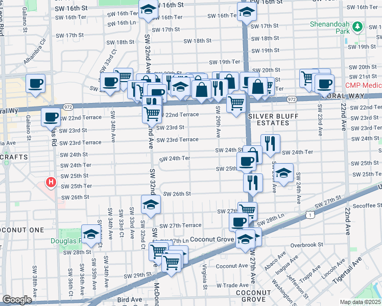 map of restaurants, bars, coffee shops, grocery stores, and more near 3020 Southwest 24th Terrace in Miami