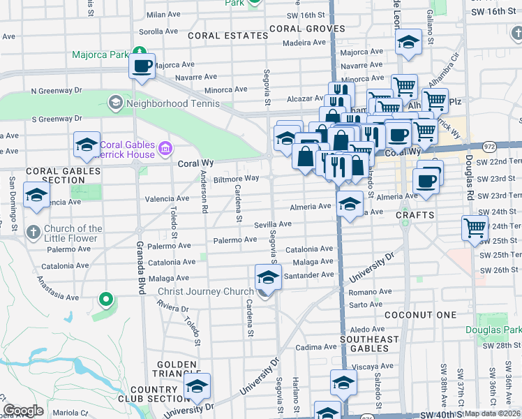 map of restaurants, bars, coffee shops, grocery stores, and more near 630 Almeria Avenue in Coral Gables