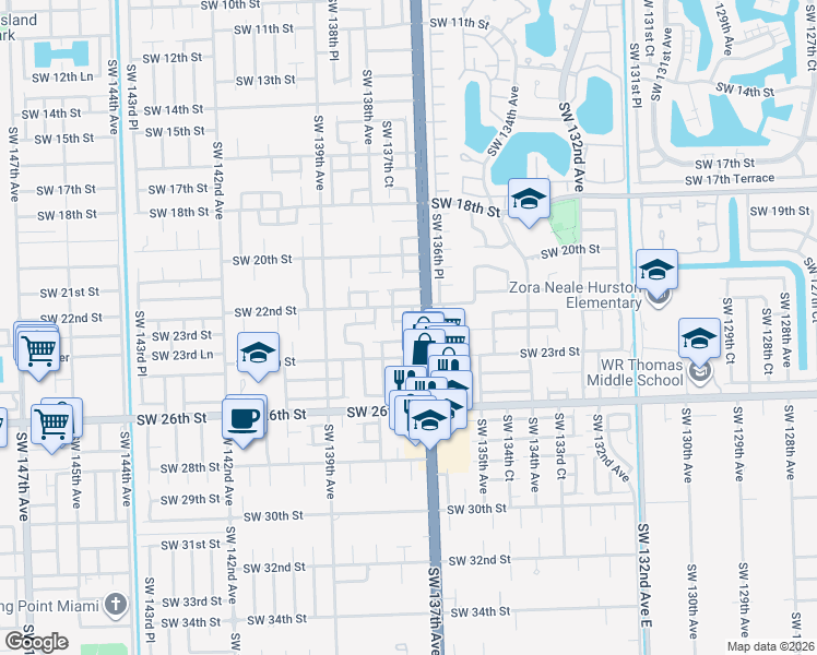 map of restaurants, bars, coffee shops, grocery stores, and more near 13707 Southwest 23rd Terrace in Miami