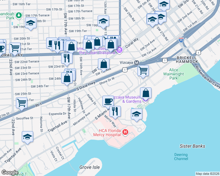map of restaurants, bars, coffee shops, grocery stores, and more near 37 Bay Heights Drive in Miami