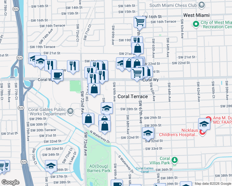 map of restaurants, bars, coffee shops, grocery stores, and more near 2620 Southwest 69th Avenue in Miami