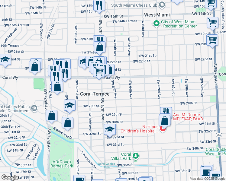 map of restaurants, bars, coffee shops, grocery stores, and more near 6540 Southwest 26th Street in Miami