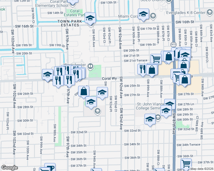 map of restaurants, bars, coffee shops, grocery stores, and more near 2511 Southwest 93rd Court in Miami