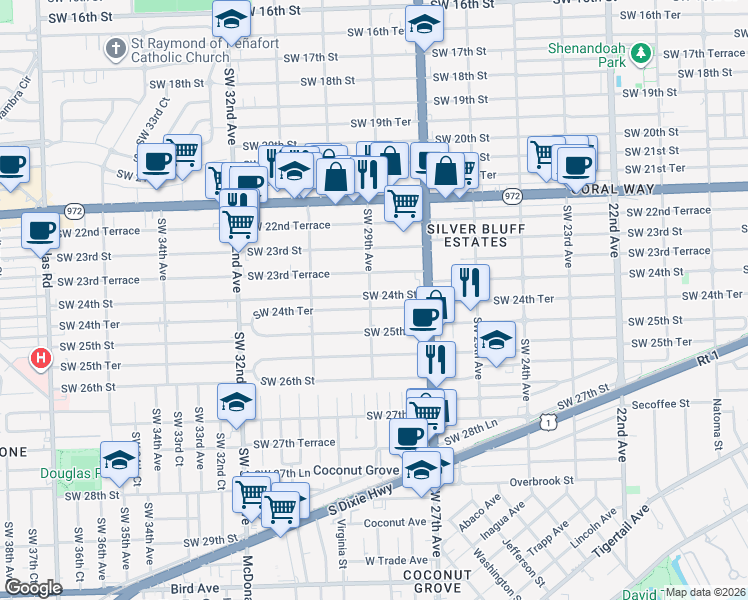 map of restaurants, bars, coffee shops, grocery stores, and more near 2841 Southwest 24th Terrace in Miami