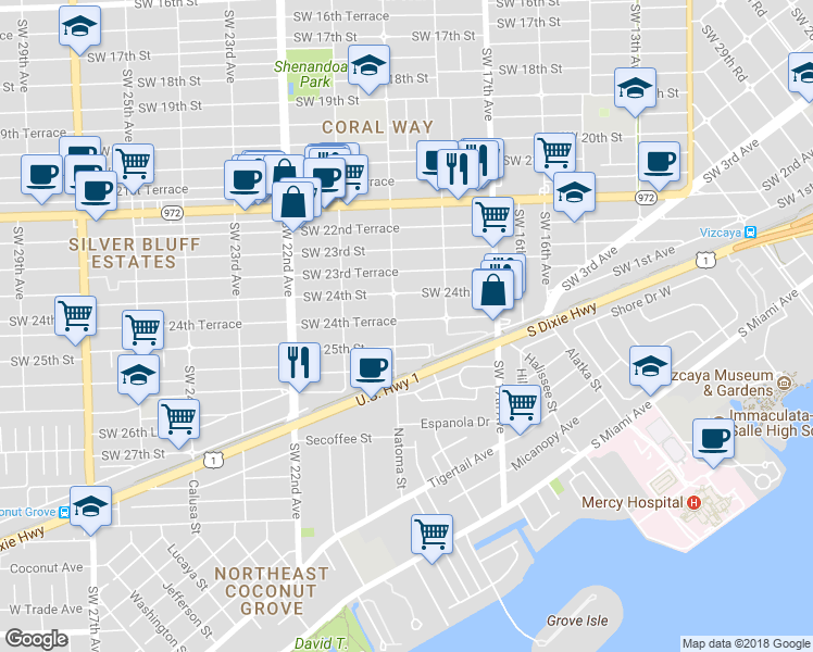 map of restaurants, bars, coffee shops, grocery stores, and more near 2440 Southwest 19th Avenue in Miami