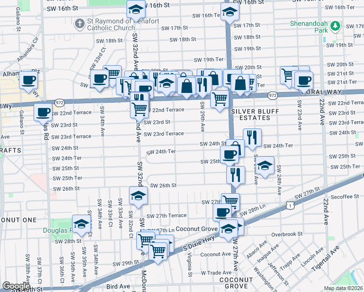 map of restaurants, bars, coffee shops, grocery stores, and more near 3020 Southwest 24th Terrace in Miami