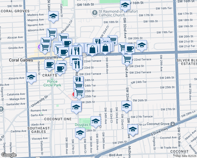 map of restaurants, bars, coffee shops, grocery stores, and more near 3546 Southwest 24th Street in Miami