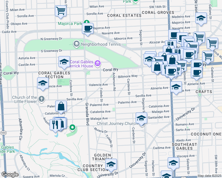map of restaurants, bars, coffee shops, grocery stores, and more near 2700 Anderson Road in Coral Gables