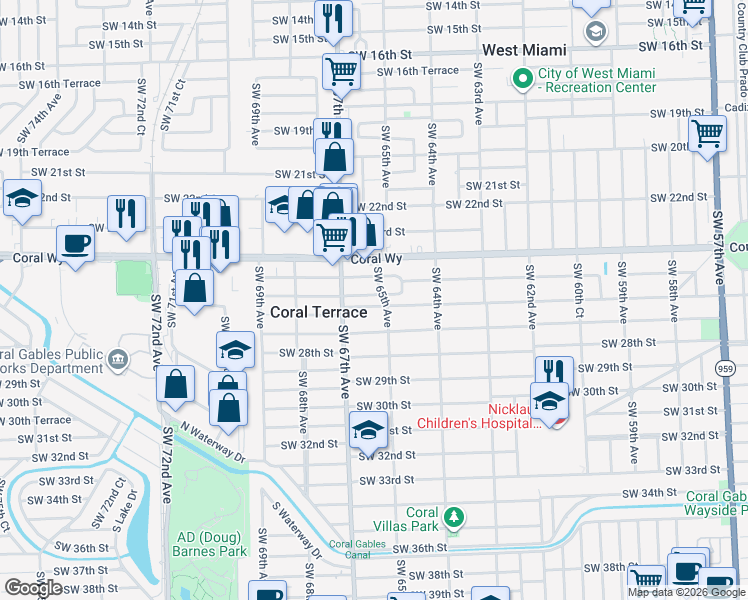 map of restaurants, bars, coffee shops, grocery stores, and more near 6540 Southwest 26th Street in Miami