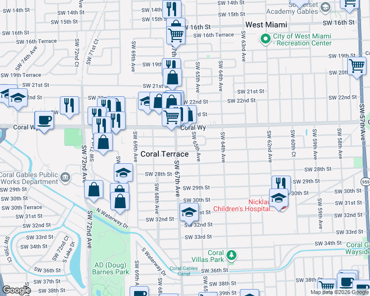 map of restaurants, bars, coffee shops, grocery stores, and more near 6540 Southwest 26th Street in Miami