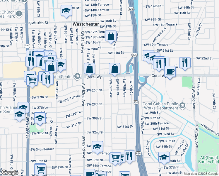 map of restaurants, bars, coffee shops, grocery stores, and more near 2601 Southwest 79th Avenue in Miami