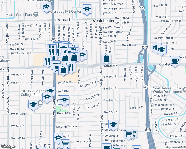 map of restaurants, bars, coffee shops, grocery stores, and more near 8271 Southwest 27th Street in Miami