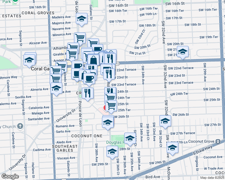 map of restaurants, bars, coffee shops, grocery stores, and more near 2850 Southwest 37th Avenue in Miami