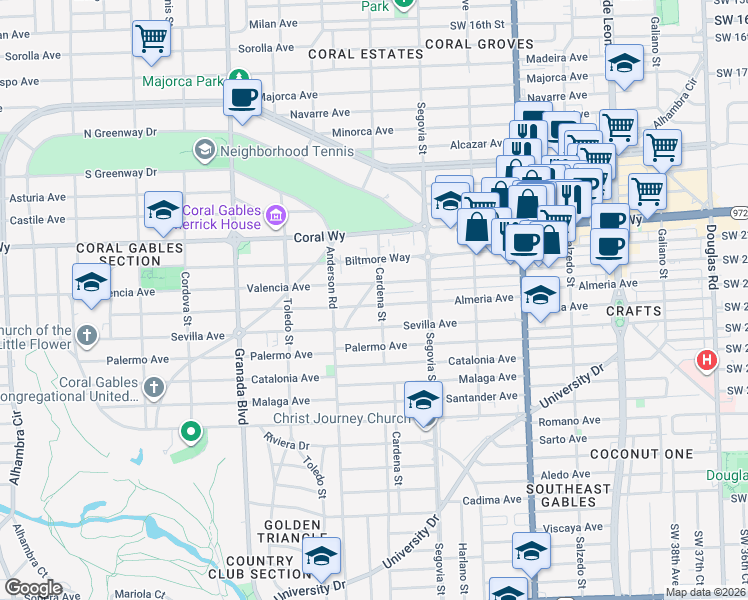 map of restaurants, bars, coffee shops, grocery stores, and more near 2600 Cardena Street in Coral Gables
